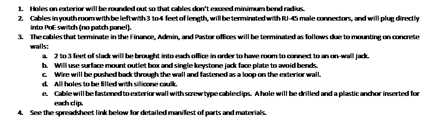 Text Box: 1.	Holes on exterior will be rounded out so that cables dont exceed minimum bend radius.
2.	Cables in youth room with be left with 3 to 4 feet of length, will be terminated with RJ-45 male connectors, and will plug directly into PoE switch (no patch panel).
3.	The cables that terminate in the Finance, Admin, and Pastor offices will be terminated as follows due to mounting on concrete walls:
a.	2 to 3 feet of slack will be brought into each office in order to have room to connect to an on-wall jack.
b.	Will use surface mount outlet box and single keystone jack face plate to avoid bends.
c.	Wire will be pushed back through the wall and fastened as a loop on the exterior wall.
d.	All holes to be filled with silicone caulk.
e.	Cable will be fastened to exterior wall with screw type cable clips.  A hole will be drilled and a plastic anchor inserted for each clip.
4.	See the spreadsheet link below for detailed manifest of parts and materials.
